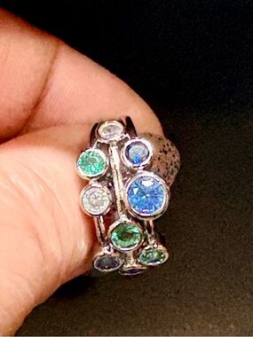Silver Ring with Blue and Green Gem Accents